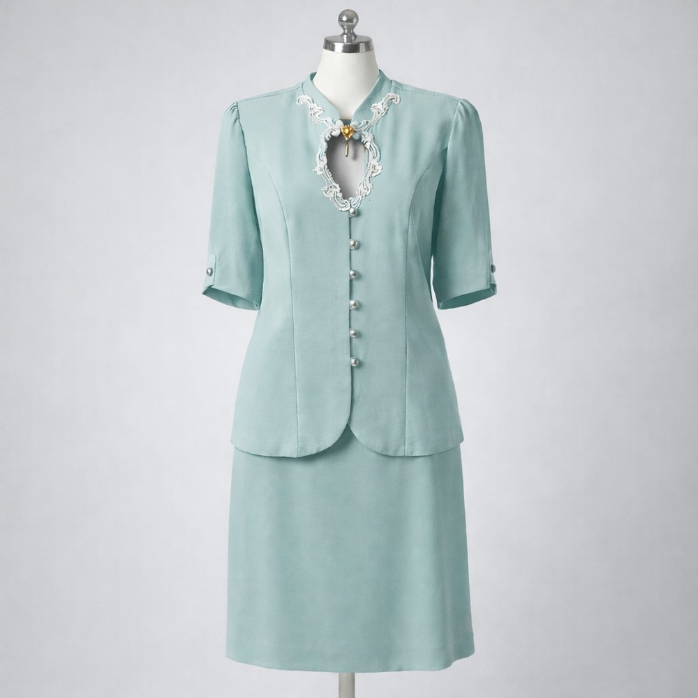 Vintage 80s Pastel Aqua Blue Skirt Suit Set